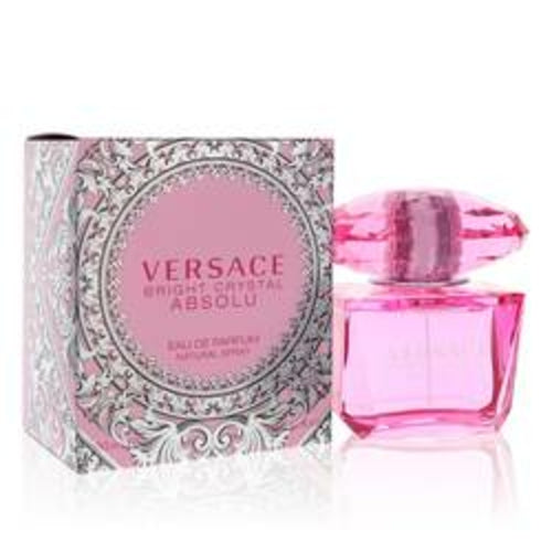 Bright Crystal Absolu by Versace 3 oz Eau de Parfum spray, featuring a sleek glass bottle with a pink-tinted fragrance liquid.