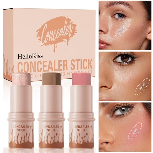 HelloKiss 3-piece concealer stick set with makeup brush in white, pink, and black by Cosmetolux, displayed with concealer sticks and brush.
