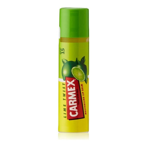 Carmex Lime Twist SPF 15 moisturizing lip balm stick with 4.25g, featuring a lime flavor and protective sun SPF for lips.