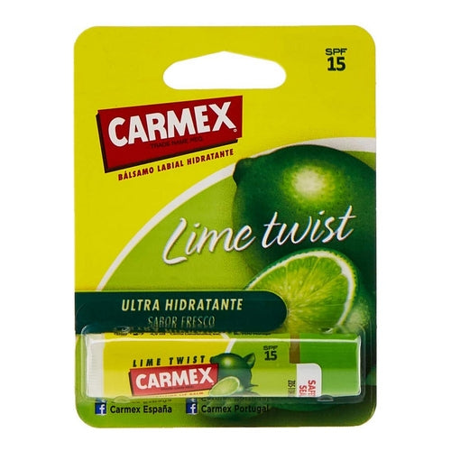 Carmex Lime Twist SPF 15 moisturizing lip balm stick with 4.25g from Cosmetolux, featuring a lime scent and sun protection.