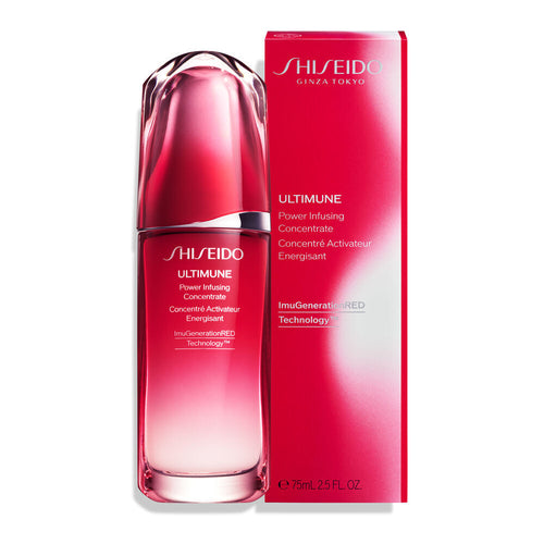 Cosmetolux anti-aging serum in a 75ml bottle, Shiseido Ultimune Power Infusing serum with sleek packaging and pump dispenser.