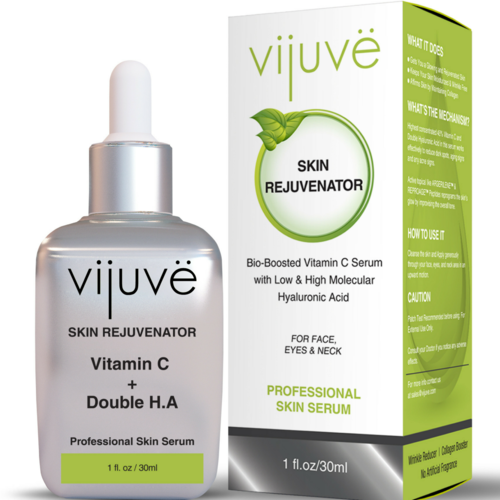 Vijuve Vitamin C face serum by Cosmetolux with double hyaluronic acid and collagen, showing the serum bottle and applicator.