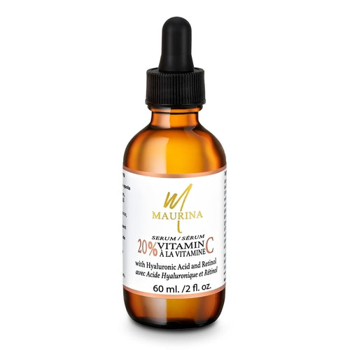 Cosmetolux 20% Vitamin C Serum with Hyaluronic Acid and Retinol, clear bottle with dropper, next to fresh citrus fruits.
