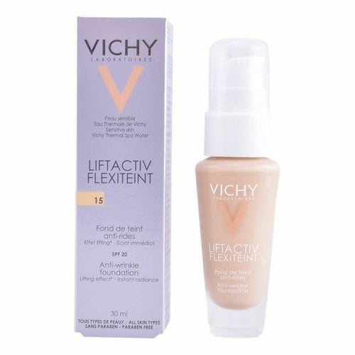 Vichy Liftactiv Flexiteint fluid foundation makeup with SPF 20, in a sleek bottle, providing a smooth, natural finish.
