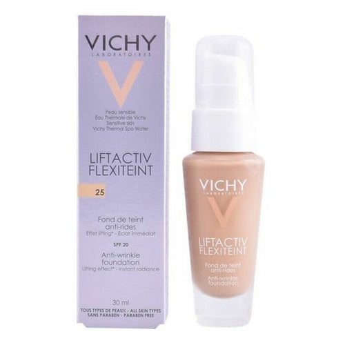 Cosmetolux Fluid Foundation Make-up Liftactiv Flexiteint Vichy SPF 20, smooth liquid foundation in a beige bottle with a pump dispenser.