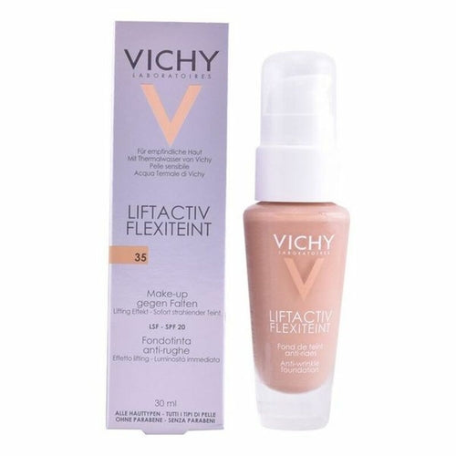 Vichy Liftactiv Flexiteint fluid foundation makeup with SPF 20, natural skin finish, in a sleek bottle, by Cosmetolux.
