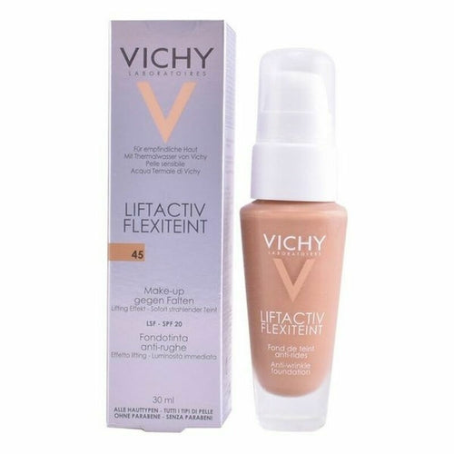 Vichy Liftactiv Flexiteint fluid foundation makeup with SPF 20, featuring a natural finish and lightweight texture for even skin tone.