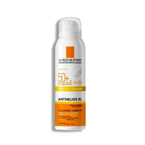 Spray bottle of La Roche Posay Anthelios XL Ultra Light SPF 50+ sunscreen by Cosmetolux, showing the product label and spray nozzle.