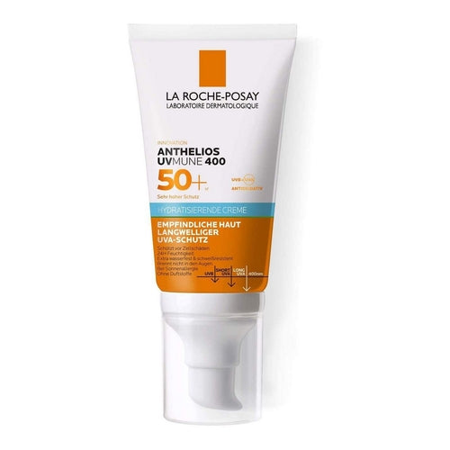 Facial sun cream by La Roche Posay Anthelios UVmune SPF 50 in 50ml bottle, with smooth, light-textured cream visible in the image.