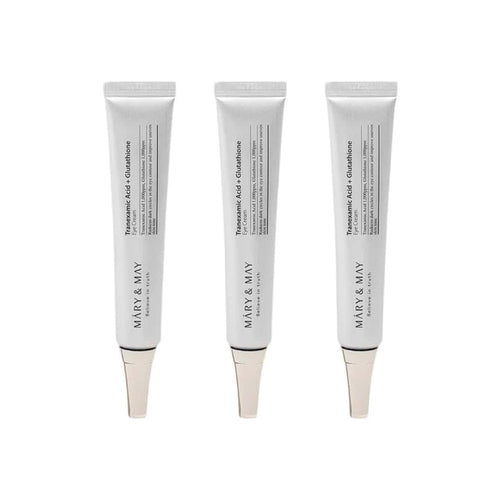 Set of three Cosmetolux Tranexamic Acid and Glutathion eye creams in white jars with blue lids, designed for under-eye skincare.