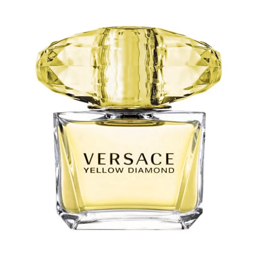 Versace Yellow Diamond Eau De Toilette spray 90ml featuring a sleek yellow bottle with a gold cap and elegant floral design.