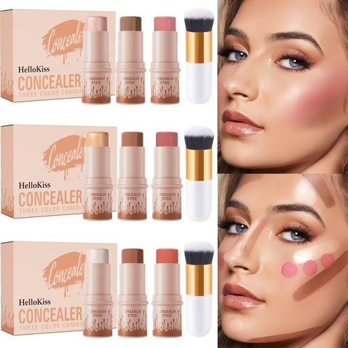 HelloKiss 3-piece concealer stick set with makeup brush in white, pink, and black by Cosmetolux, displayed on a neutral background.