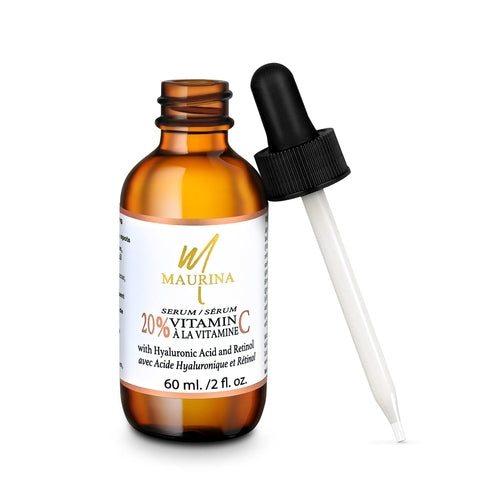 Cosmetolux 20% Vitamin C Serum with Hyaluronic Acid and Retinol, clear bottle showing serum inside, skincare product for brightening and hydration.