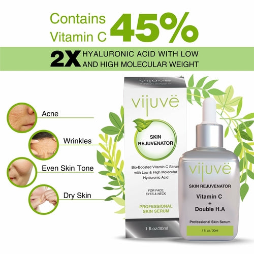 Cosmetolux Vijuve Vitamin C face serum with double hyaluronic acid and collagen, showing the serum bottle and applicator.