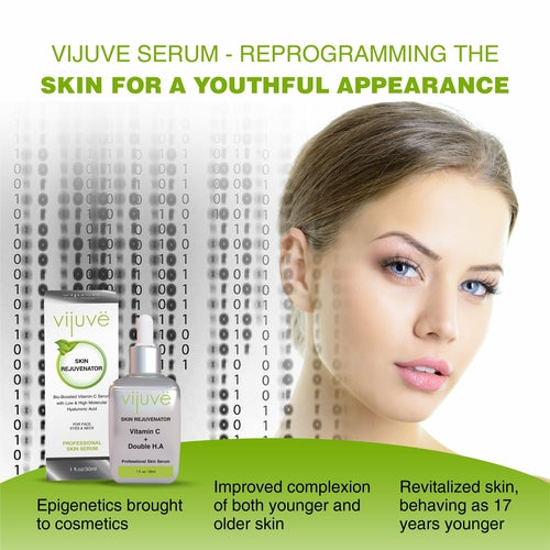 Cosmetolux Vijuve Vitamin C face serum with double hyaluronic acid and collagen, showcasing a sleek glass bottle with dropper applicator