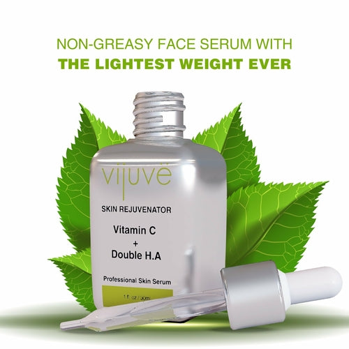 Cosmetolux Vijuve Vitamin C face serum with double hyaluronic acid and collagen, showing a sleek bottle with serum inside.