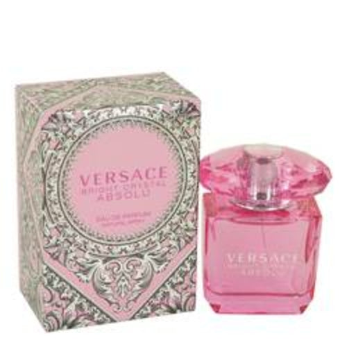 Bright Crystal Absolu Eau de Parfum spray by Versace, 1 oz, featuring a clear glass bottle with a pink and silver cap.