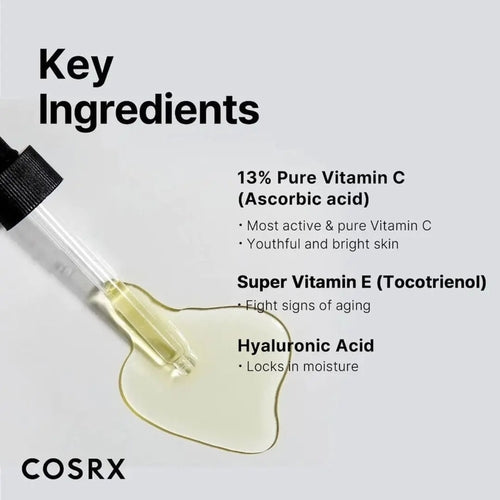 Cosmetolux COSRX The Vitamin C 13 Serum bottle with dropper, orange liquid skincare serum for brightening and antioxidant benefits.