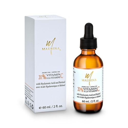 Cosmetolux 20% Vitamin C serum with hyaluronic acid and retinol applied to a face for brightening and anti-aging skincare.