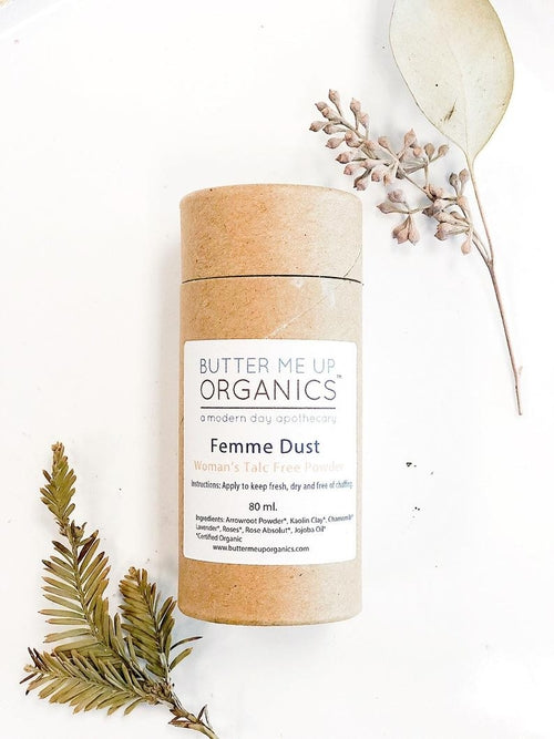Cosmetolux Femme Dust organic talc-free powder in a jar, designed for chafing prevention and freshening the skin.