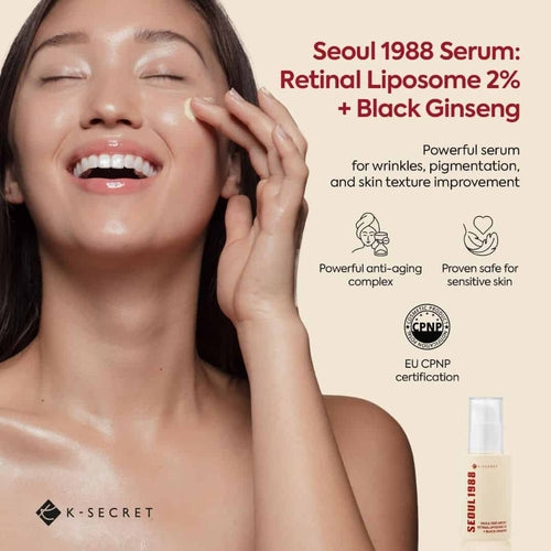 K-SECRET SEOUL 1988 Serum by Cosmetolux featuring retinal liposomes and black ginseng in a sleek glass bottle