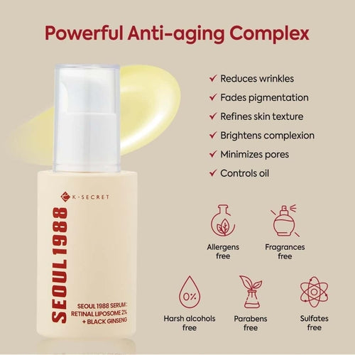 Cosmetolux K-SECRET SEOUL 1988 Serum with retinal liposomes and black ginseng in a sleek dropper bottle.