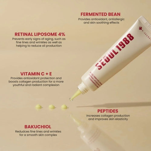 Cosmetolux K-SECRET SEOUL 1988 Eye Cream with retinal liposome 4% and fermented bean for eye area skincare.