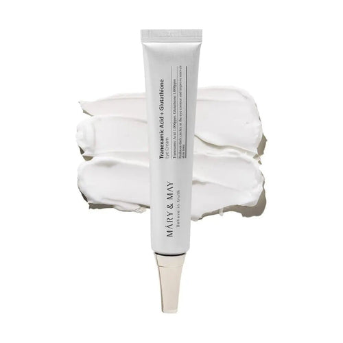 Three tubes of Cosmetolux Tranexamic Acid and Glutathion Eye Cream, featuring the product packaging and applicator tips.