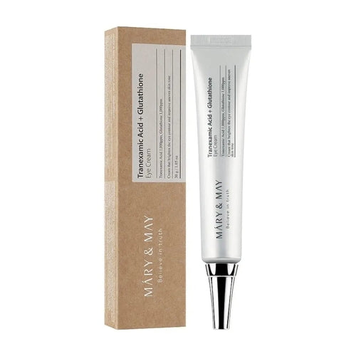 Three tubes of Cosmetolux Tranexamic Acid and Glutathion Eye Cream, featuring brightening eye treatment with white and blue packaging.