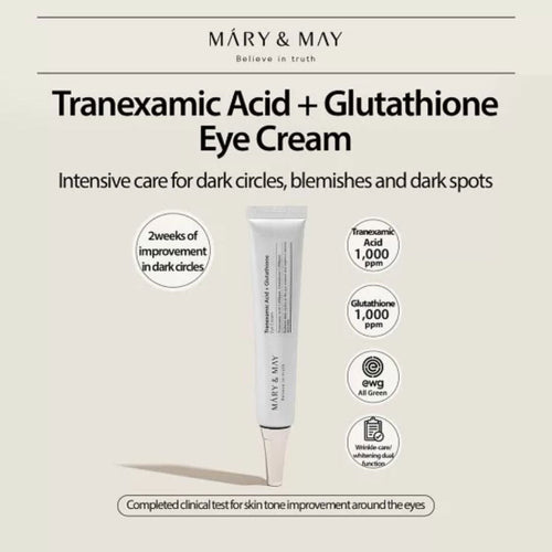 Mary&May Tranexamic Acid and Glutathione Eye Cream by Cosmetolux, showing a sleek jar with the product label and a smooth cream texture.