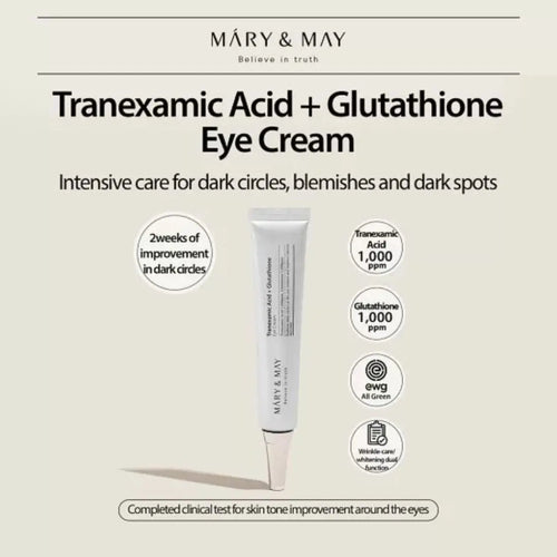 Three tubes of Cosmetolux Tranexamic Acid and Glutathione Eye Cream, featuring packaging and applicator tips.