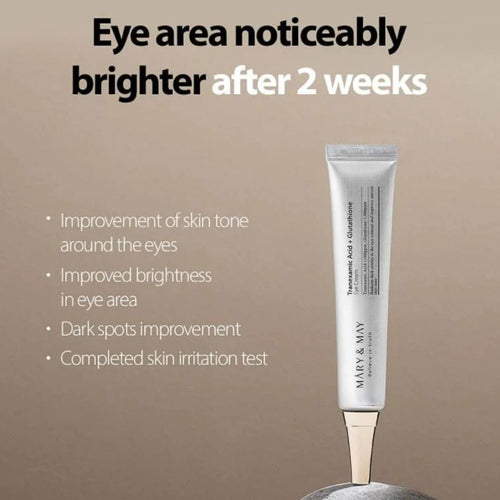 Mary&May Tranexamic Acid and Glutathione eye cream from Cosmetolux shown in a sleek jar, designed to brighten and reduce dark circles.