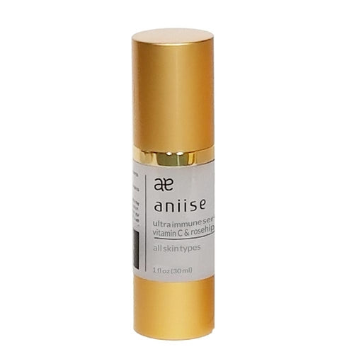 Cosmetolux Ultra-Immune Vitamin C Serum in a clear glass bottle with a dropper, displaying the serum inside.