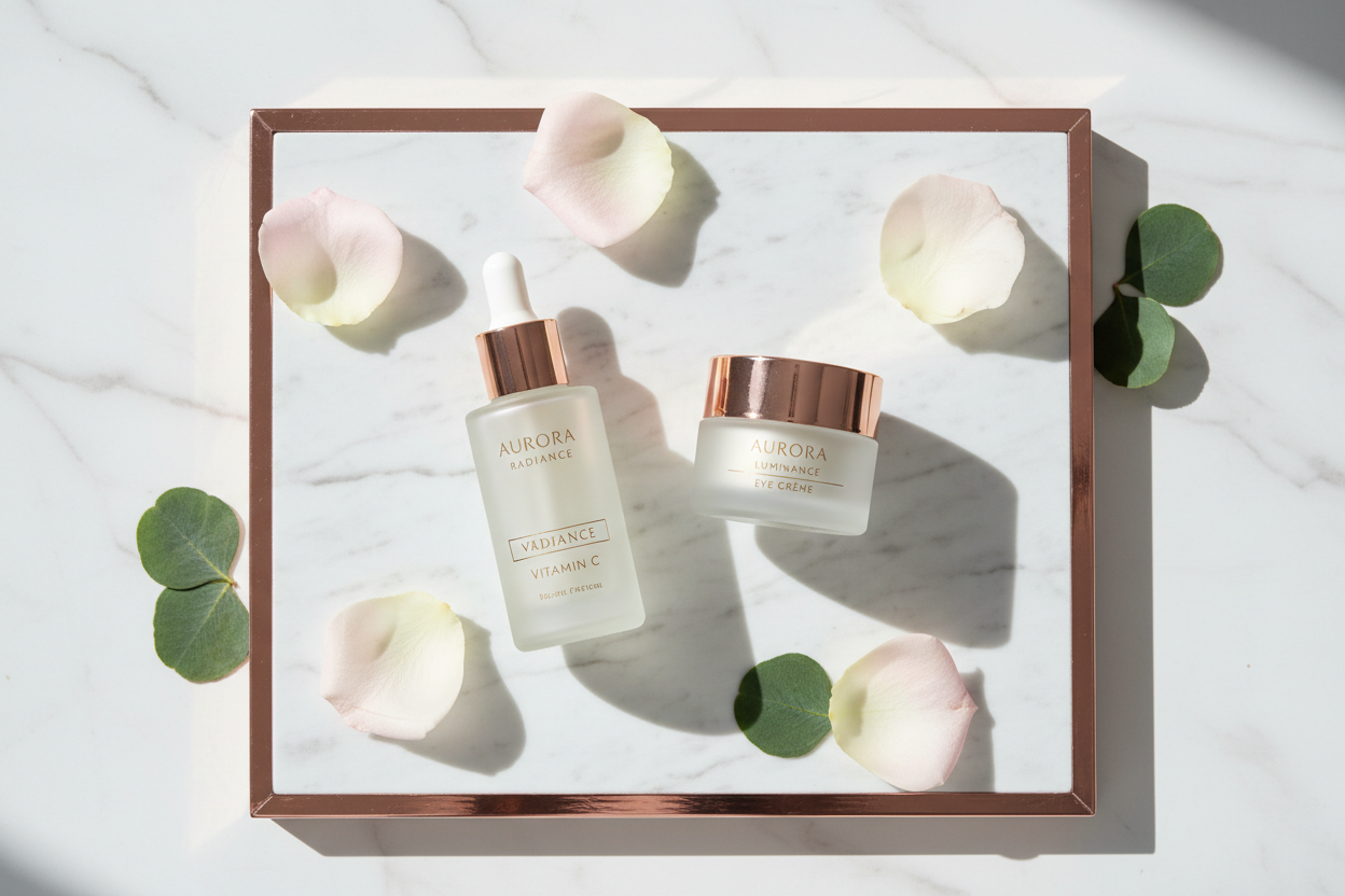 Cosmetolux Brightening Ritual skincare bundle with brightening creams and serums, displayed with sleek packaging and skincare products.