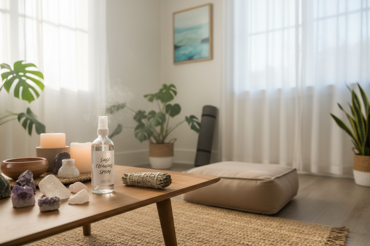 Sage spray in serene meditation space